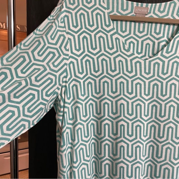 Chico's 3 Teal Geometric Women's Blouse Summer Resort Vacation - Picture 3 of 6